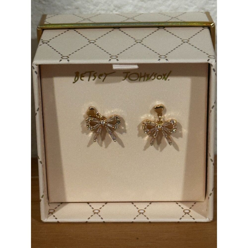 Betsey Johnson Gold Dainty Heart with Bow Drop Earrings NIB